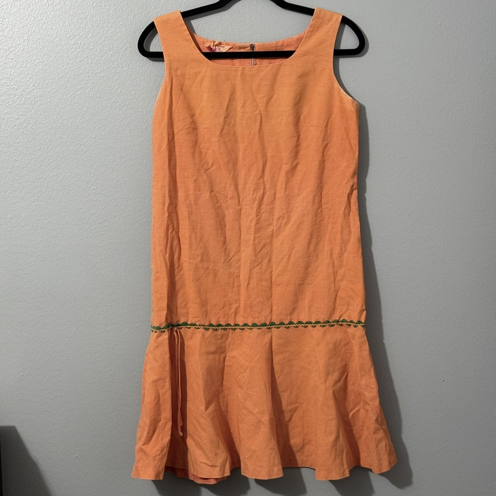 Vtg 60s Dress Orange Jumper Fritzi of California Mod‎ Mini Green Trim Metal Zip